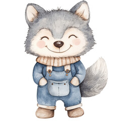 Aufkleber - Watercolor anthropomorphic wolf character with overalls and a happy expression