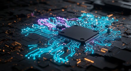 Computer chip and illuminated circuits a high tech digital network