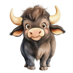 Poster - Adorable watercolor yak illustration, charming cartoon character with isolated transparent ambiance for kids