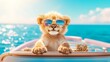 © O - Little lion cub in sunglasses on a boat enjoying the summer vacation. Childish animal character for cheerful holiday and travel concept.