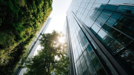 Aufkleber - A wide-angle shot of a modern office building features glass windows surrounded by greenery and sunlight, highlighting its eco-friendly design