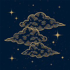 Wall Mural - starry night sky with clouds background. bright golden stars and clouds wallpaper icons. space backd