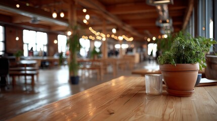 Poster - Inviting atmosphere of a modern tea house featuring wooden furniture, soft lighting, and greenery, perfect for enjoying a warm beverage with friends
