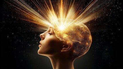Poster - Abstract image of a brain releasing light and patterns, symbol of mental power