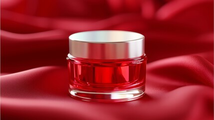 Poster - luxury red cream jar displayed elegantly on soft red fabric in a stylish ambiance