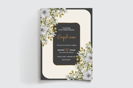 WEDDING INVITATION FRAME WITH FLOWER DECORATIONS AND FRESH LEAVES