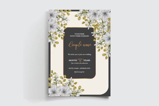 WEDDING INVITATION FRAME WITH FLOWER DECORATIONS AND FRESH LEAVES