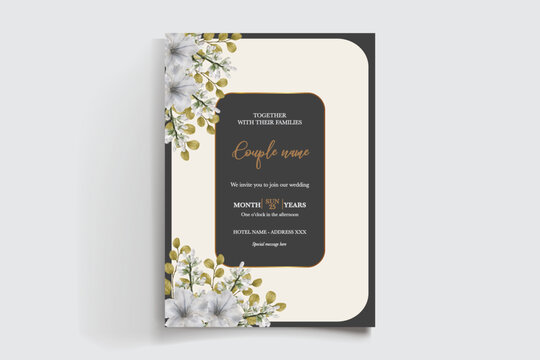 WEDDING INVITATION FRAME WITH FLOWER DECORATIONS AND FRESH LEAVES