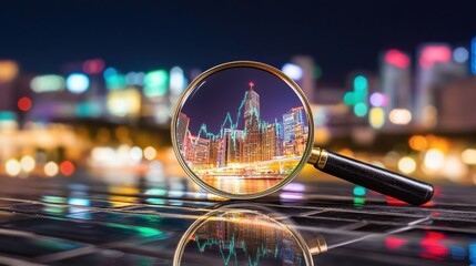 Poster - Close-up of magnifying glass over rising stock market graph, economy improvement theme