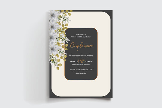 WEDDING INVITATION FRAME WITH FLOWER DECORATIONS AND FRESH LEAVES