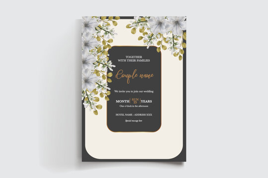 WEDDING INVITATION FRAME WITH FLOWER DECORATIONS AND FRESH LEAVES