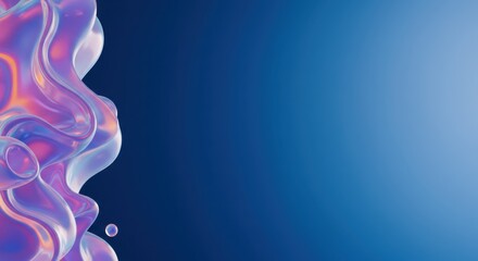 Poster - Abstract Iridescent Liquid Forms Against a Deep Blue Gradient Background: A Digital Art Creation
