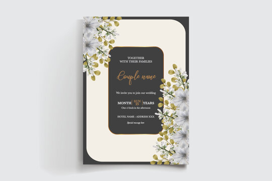 WEDDING INVITATION FRAME WITH FLOWER DECORATIONS AND FRESH LEAVES