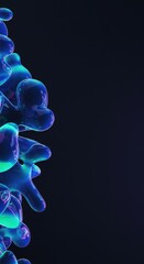 Poster - Abstract Blue Liquid Forms Digital Art: Iridescent Neon Glowing Bubbles on Dark Background