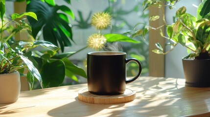 Poster - Cozy coffee scene with dark mug on natural wood coaster, bright tropical light and shadows