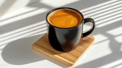 Poster - Cozy coffee scene with dark mug on natural wood coaster, bright tropical light and shadows