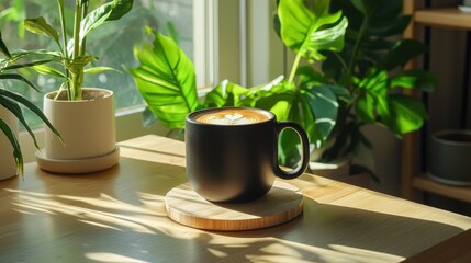 Poster - Cozy coffee scene with dark mug on natural wood coaster, bright tropical light and shadows