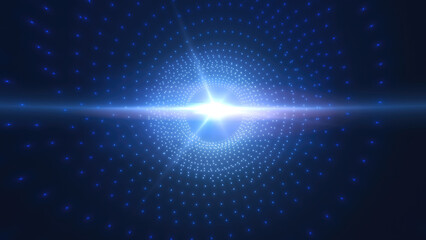 Poster - futuristic blue grid tunnel with a bright core light, representing technology, data transmission, an