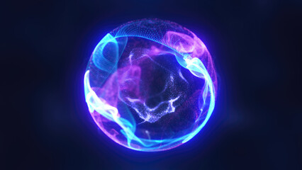 Poster - glowing blue energy sphere with fluid patterns in a dark abstract space futuristic background