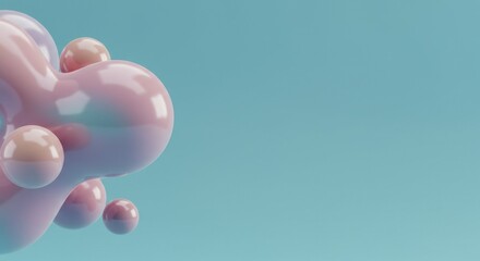 Poster - Abstract Pastel Pink and Blue 3D Render:  Fluid Shapes and Spheres on Teal Background