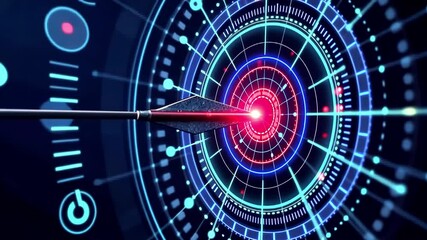 Fototapete - An arrow approaches a glowing target set in a digital environment filled with vibrant patterns and lights