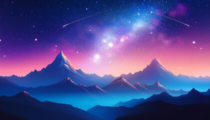 Wall Mural - illustration of a night sky with stars in the mountains starry universe galaxy cartoon landscape bac