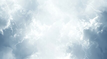 stormy sky with bright lightning bolt cutting through clouds on white background.