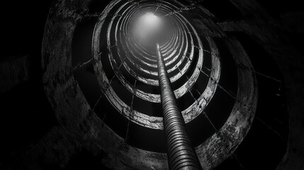 Poster - dark, moody perspective of spiral structure with central pole, evoking sense of depth