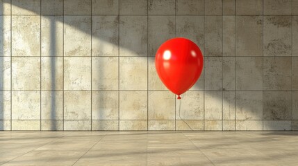 Poster - Floating balloon barely touching a gritty concrete wall, industrial poetry in motion