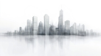 Poster - Abstract wireframe skyline of modern high rise buildings with minimalist aesthetic