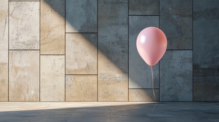 Poster - One pastel balloon leaning toward a cracked grey wall, minimalist urban art feel