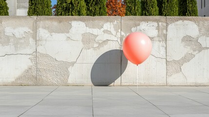 Poster - One pastel balloon leaning toward a cracked grey wall, minimalist urban art feel