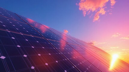Solar panel array reflects sunset colors against a blue sky with clouds.