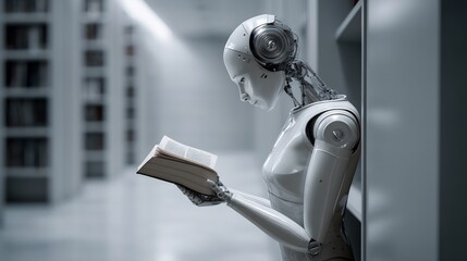 Poster - Robot Reading Book in Library, exploring knowledge in the age of technology