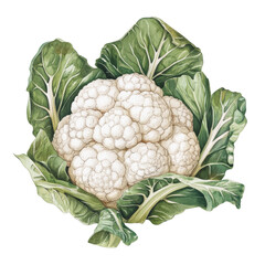 Aufkleber - Watercolor illustration of a vibrant cauliflower head surrounded by textured green leaves on a transparent stage