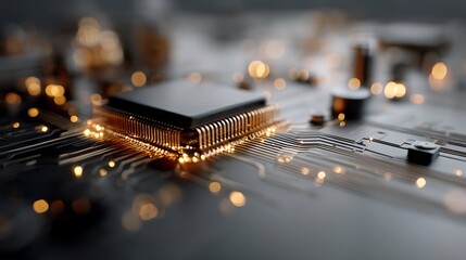 Poster - Detailed microchip close-up with golden connections showcasing modern technology