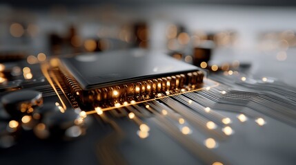 Poster - Macro shot showcasing a microchip with intricate circuits and bokeh lights