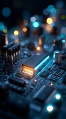 Poster - Intricate Circuit Board with Illuminating Microchip and Diffused Bokeh Light