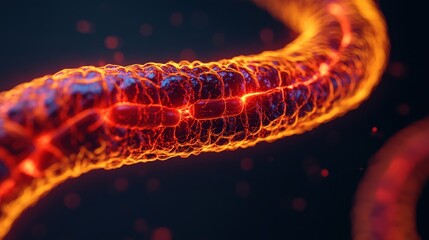 Poster - A glowing, abstract representation of a DNA strand or molecular structure with vibrant orange and red hues on a dark background.