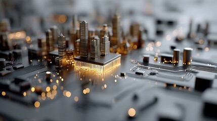 Poster - Miniature cityscape on a motherboard symbolizes technological advancement and progress