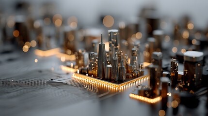 Poster - Cityscape evolution presented atop intricate network circuit microprocessor