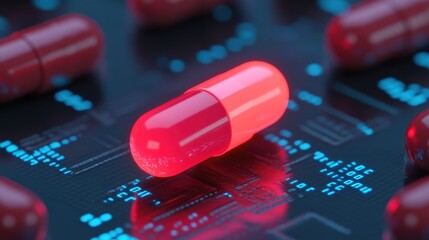 Poster - A red capsule pill lies on a glowing digital circuit board, symbolizing the intersection of medicine and technology.