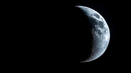 crescent moon with detailed craters and surface texture against dark night sky, creating serene and 