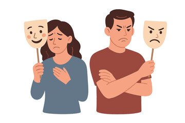 Poster - Duality of emotions depicted through two characters holding masks in a vector flat illustration style