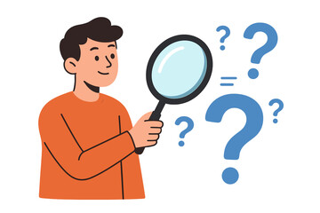 Poster - Person exploring questions and seeking answers with a magnifying glass in a vector flat illustration