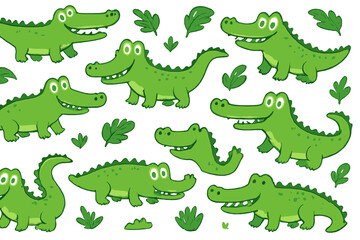 Poster - Fun and playful vector flat illustration of cartoon crocodiles in various poses among tropical leaves