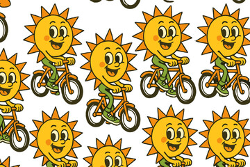 Poster - Cheerful sun character riding a bicycle surrounded by vibrant suns in a playful flat illustration