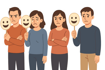 Poster - Emotional expressions showcased through vector flat illustration of four people holding masks in a range of feelings