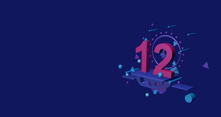 Poster - Pink twelve number on a pedestal of abstract geometric shapes floating in the air. Abstract concept art with flying shapes on the right. 3d illustration on indigo background
