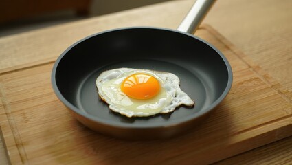 Poster - A fried egg in a black pan on a wooden cutting board.